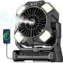 BLBS Camping Misting Fan, 24000mAh Rechargeable Battery Powered, 80H Runtime, 300ml Water Tank, LED Light & Hook, Portable Outdoor Fan for Camping Travel, Black, Medium