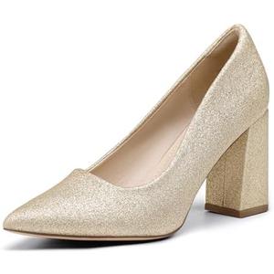 IDIFU IN3 Women's Chunky Block Heels - Pointed Toe Dress Shoes for Women - Dressy Wedding Bride Bridal Prom Work Office Comfortable Thick Heels Pumps Shoes, Size 8