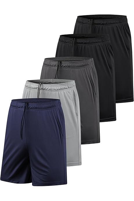 5 Pack Athletic Gym Mens Shorts - Workout Black Quick Dry Basketball Shorts with Pockets for Running Casual Activewear, XL