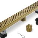 Shower Drain, 32 Inch Gold Linear Shower Drain with Removable Square Hole Cover Grate, Bathroom Modern 304 Stainless Steel Brushed Gold Shower Floor Drain with Adjustable Feet, Hair Filter