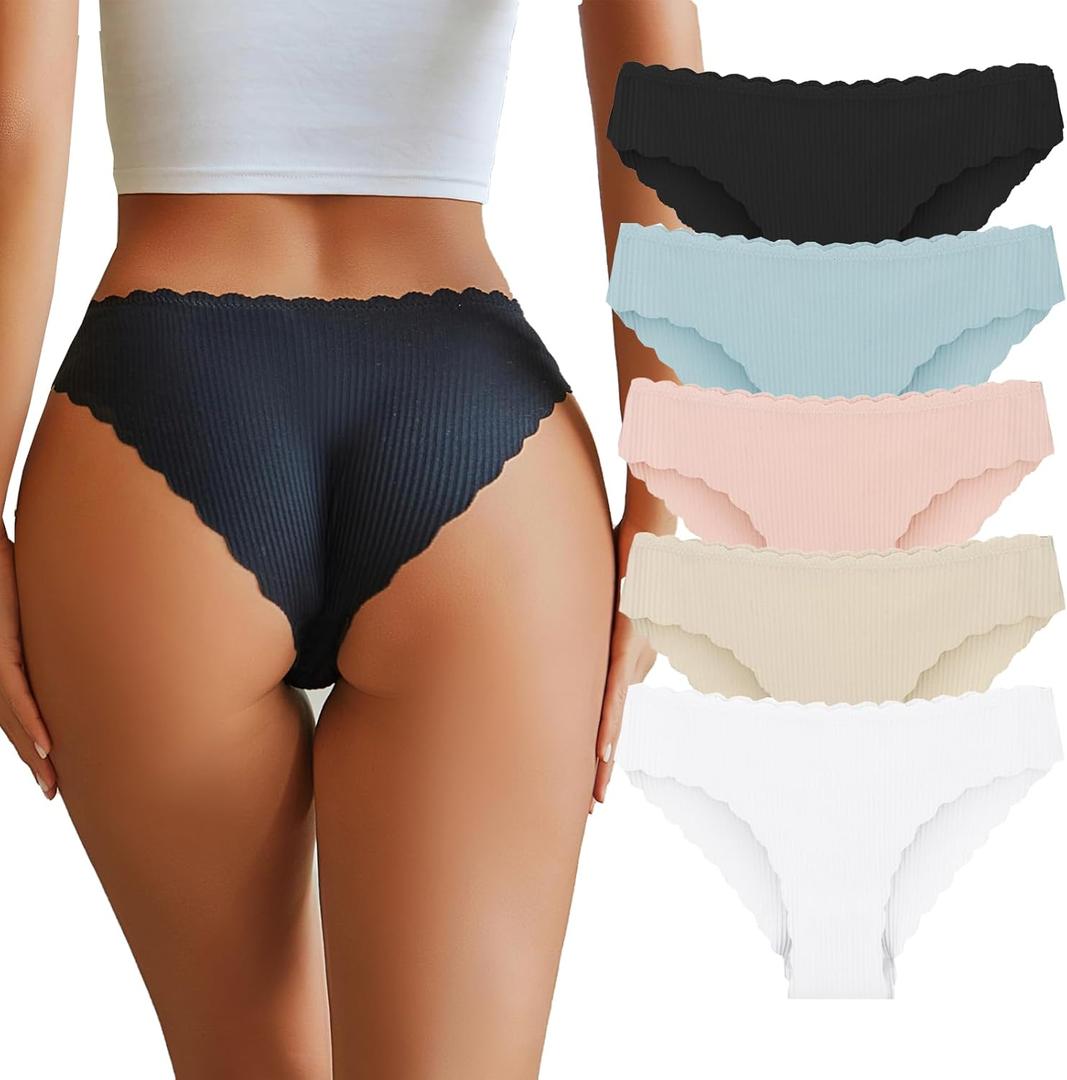 VKME Cotton Underwear for Women Seamless No Show Bikini Breathable Hipster Wavy Sides Invisibles Cheeky Panties 5 Pack (S)