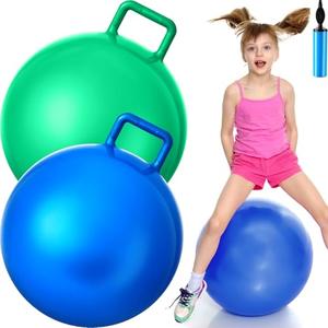 Lewtemi 2 Pcs 22 Inch Big Bouncing Ball with Handle Jumping Hopper Bouncy Ball for Adults Exercise and Air Pump for Outdoor Sports Game (Blue, Green)