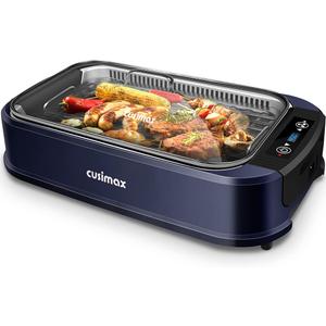 Indoor Grill CUSIMAX Electric Smokeless Grill Portable Korean BBQ Grill with Turbo Smoke Extractor Technology, Non-stick Removable Plate, Tempered Glass Lid, Great for Party(Single Plate) (Blue)