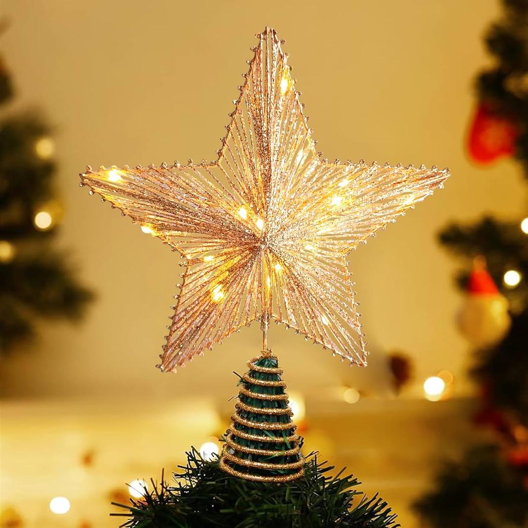 Christmas Tree Topper 10" Golden Glittered Star Tree Topper with 30 LED Lights Xmas Tree Topper Star for Xmas Decorations Ornaments Holiday Party Indoor Decor