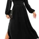 Dokotoo Womens Wrap V-Neck Empire Waist Dress Lantern Sleeve Ruched Side Slit Elegant Maxi Dress