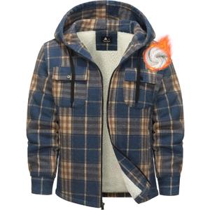 Mens Flannel Hoodie Jacket Fleece Lined Flannel Shirt Plaid Zip Up Sherpa Hooded Sweatshirt Warm Winter Coat (X-Large, #3 Blue Orange)