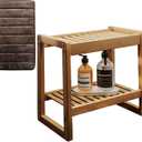 Wooden Shower Bench Seat with Shelf & Handle, Non-Slip Bath Stool with Soft Cushion, 220lbs Portable Entryway Shoe Bench, For Adults, Elderly, Disabled, Waterproof & Easy to Assemble (Bamboo color)