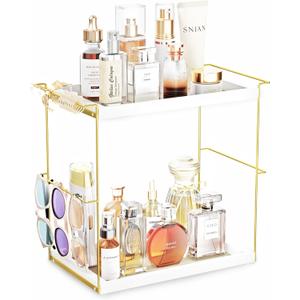 Emfogo Perfume Organizer for Women, 2 Tier Wooden and Metal Cologne Organizer for Men, Large Capacity Perfume Stand Holder Tray for Vanity Bathroom Countertop Organizers and Storage (White and Gold)
