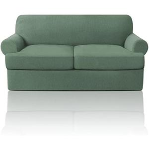 PrinceDeco T Cushion Loveseat Slipcover 3 Pieces Sofa Covers for T Cushion Sofa Stretch Slip Covers for 2 Cushion Couch with 2 Individual T Shape Seat Covers Width Up to 76", Loden Frost
