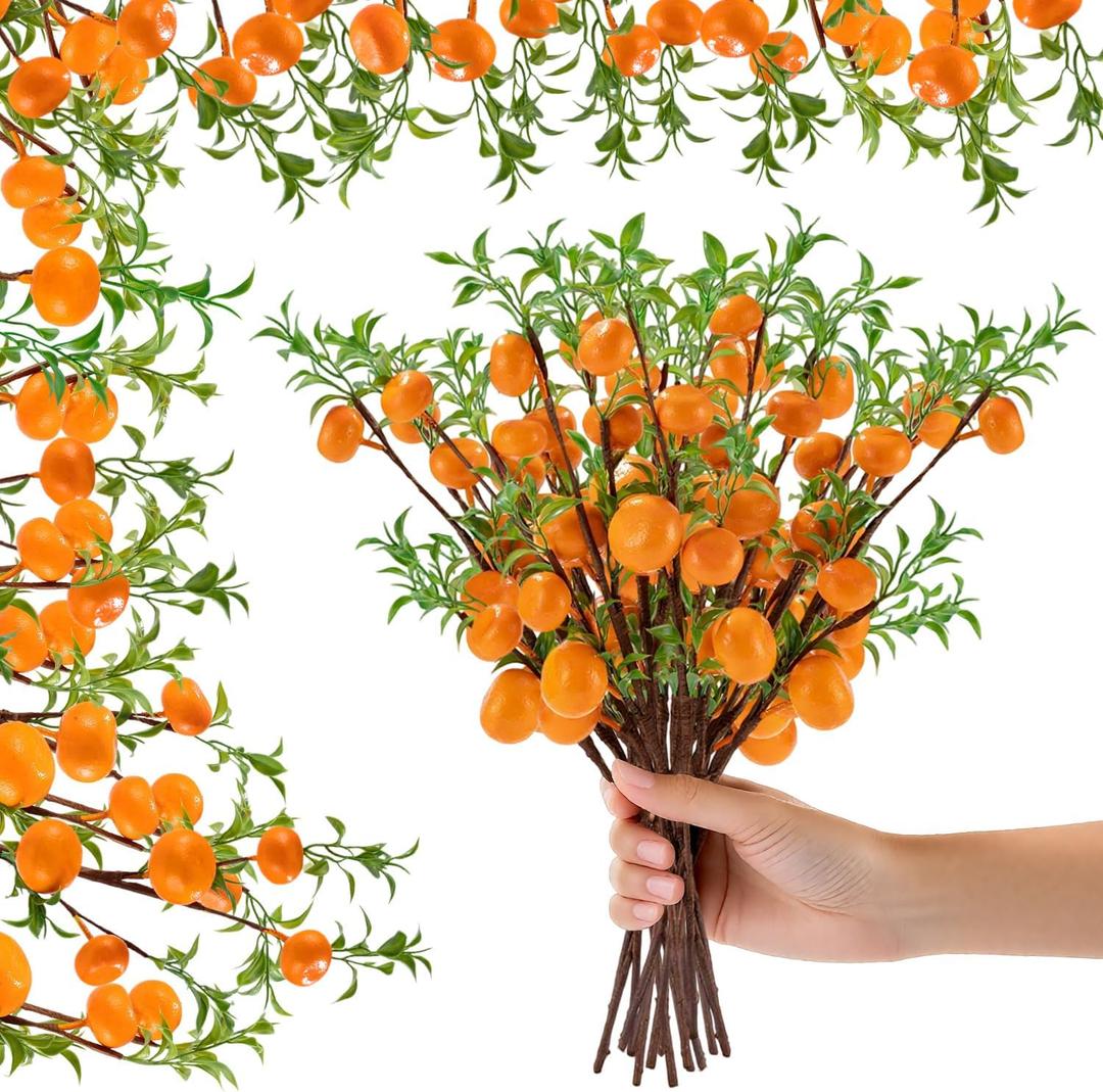4Pcs Artificial Tangerine Branches, Lifelike Orange Branches with Green Leaf and Adjustable Branch, 11.8 inch Fake Oranges for Home Kitchen, Graden, Desk, Party Decorations