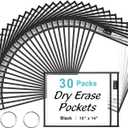 SUNEE 30 Packs Oversized Reusable Dry Erase Pocket Sleeves with 2 Rings, Black 10x14 Ticket Holders, Clear Plastic Sheet Protectors, Teacher School Classroom Supplies