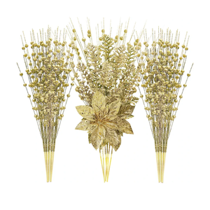 24 Pack Artificial Glitter Berry Stem Ornaments - 17.5 Inch Fake Christmas Picks Decorations with Poinsettia Flowers, Bead Sticks for DIY Christmas Tree, Wreath, Wedding & Small Vase Decor