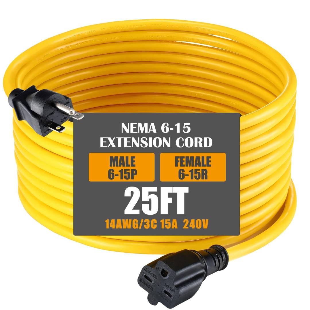 Tellegloww 25ft NEMA 6-15 Extension Cord 6-15P Male to 6-15R Female, 15 AMP Power Cable for 220/240V Air Condition, LED Grow Lights, Digital Ballast Power Cord Heavy Duty 14AWG/3C, 240V, 3750W