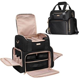 Large Cosmetic Bag with 3 Removable Case, Double Layer Travel Organizer with Inner Dividers and Makeup Brushes Storage Section, Black (Patented Design)