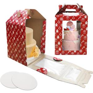 Tall Cake Box with Windows 10x10x12 Inch, 2 Pack Christmas Tiered Cake Boxes with Cake Boards,Tiered Cake Carrier Container with Handle for Wedding,Birthday,Party,Bakery Supplies (Red)