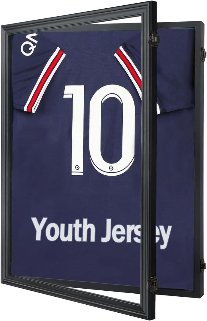 IHEIPYE Kids Jersey Frame Display Case Lockable, Sport Jersey Shadow Box with UV Protection Acrylic and Hanger for Baseball Basketball Football Soccer and Uniform, Small-Black Locks