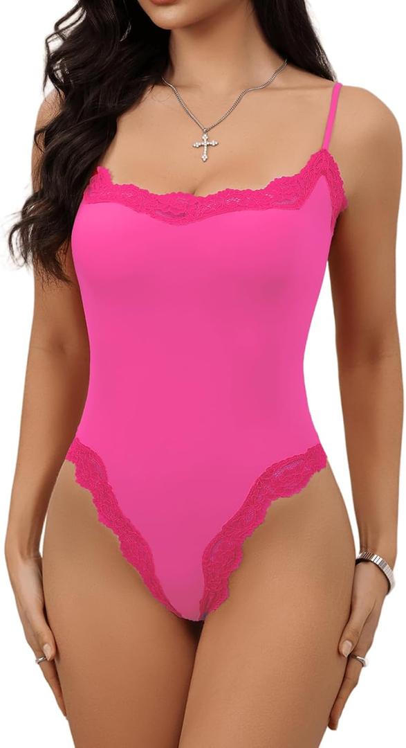 Starrylion Lace Body Suits for Women Sexy Bodysuits for Women Going Out Tops Lace Bodysuit Cami Top Summer Outfits 2025 Hot Pink S