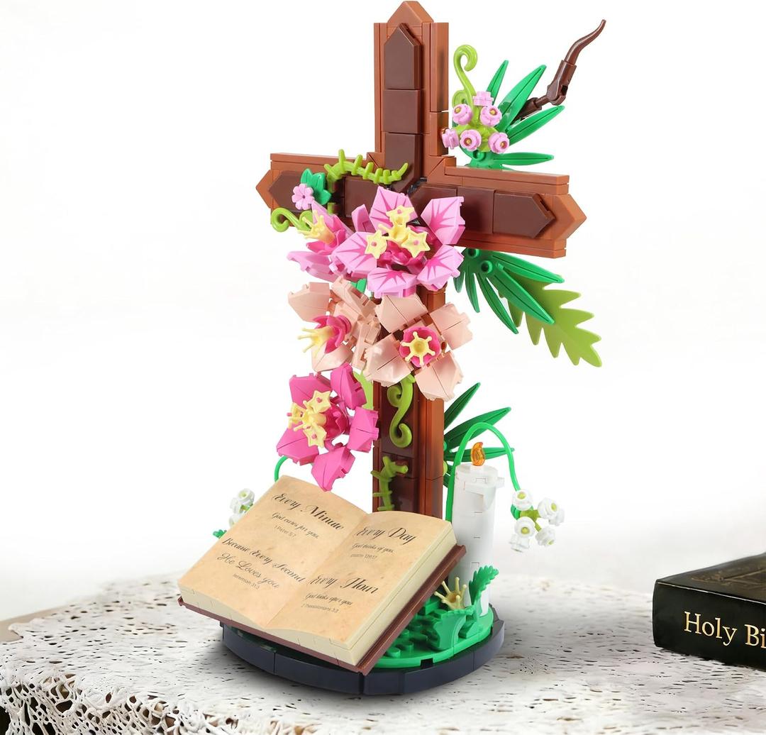 Jesus Cross Flower Building Set for Adults, Decorative Cross Building Blocks, Great Easter, Christmas, Christian, Birthday Gifts for Mothers Day, Women, Adults (363 PCS)