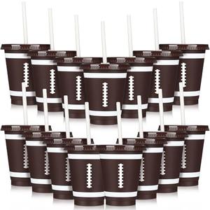 Domensi 20 Pieces Football Party Favors Disposable Football Cups with Lid and Straw Reusable Tumbler Cups 16 oz Disposable Party Favors for Tailgate Sports Foot Ball Themed Birthday