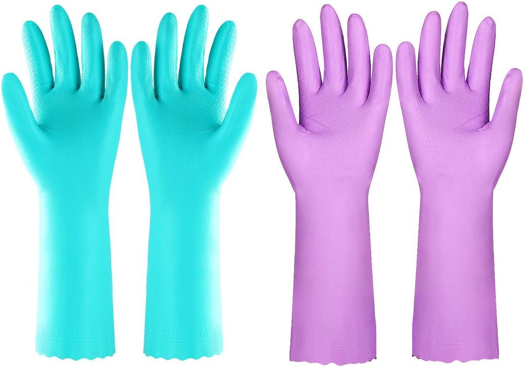 Elgood Reusable Dishwashing Cleaning Gloves with Latex free, Cotton lining,Kitchen Gloves 2 Pairs,Purple+blue Medium