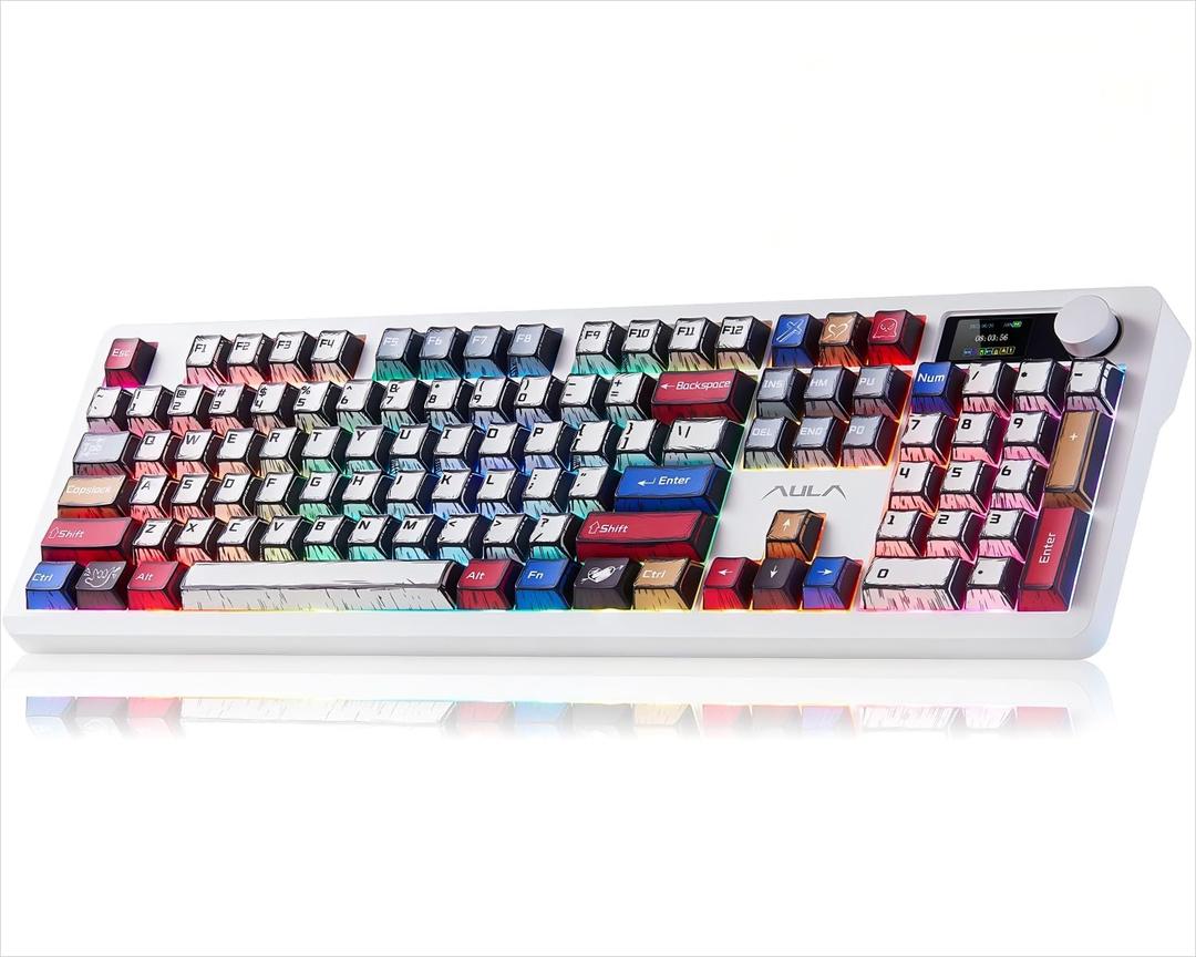AULA F106 PRO Wireless Mechanical Keyboard,Full Size Gaming Keyboard with Hot Swappable Knob & Screen,Tri-Mode RGB Backlit with 8000mAh for PC/Laptop/Windows - Blaze Switch,Comic Mix