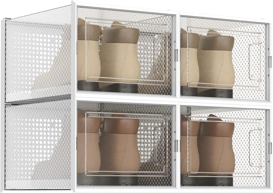 WAYTRIM Stackabke Clear Shoe Box 4 Pack Foldable Shoe Storage Boxes Dorp Front Shoe Organizer Clear Plastic Shoe Containers Fit to Women Size 13 Clear White