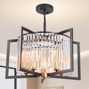 Modern Black Crystal Chandeliers, 25" Chandeliers for Dining Room, Adjustable Height, Hanging Pendant Light Fixtures for Kitchen Island Entryway Hallway Foyer Bedroom Living Room