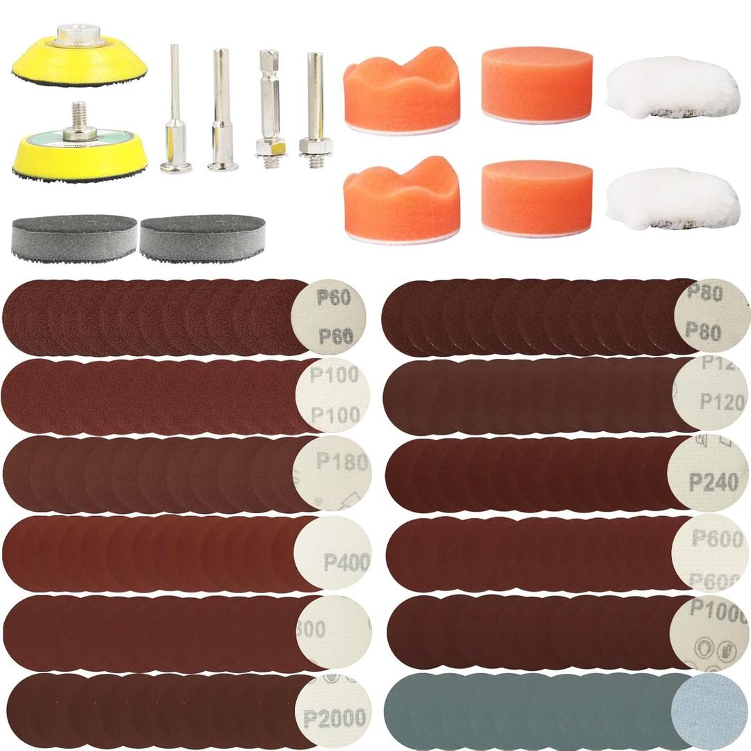 254PCS 2inch Sanding Discs Pad Variety Kit for Drill Grinder Rotary Tools Attachment with 2Pcs 1/8"&1/4" Shank Backer Plate, Sanding Pads Includes 60-3000 Grit