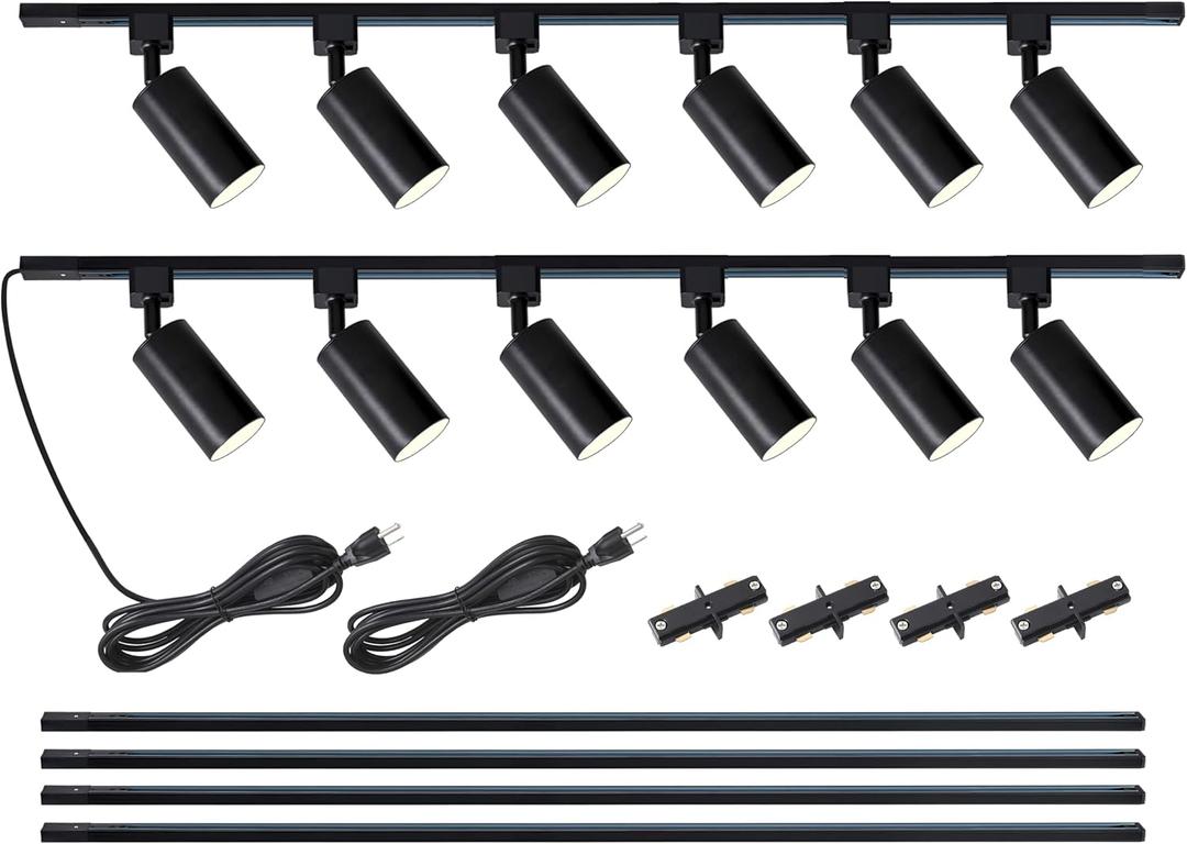 Plug-in Track Lighting Kit With Power Cord, 12-Light GU10 H Type Rails, Modern Kitchen LED Ceiling Spot Light Fixtures, 13FT, Black (No Bulbs)