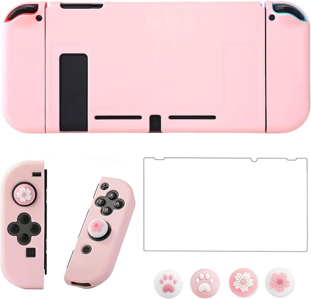 OLDZHU Pink Dockable Protective Case Cover Compatible with Nintendo Switch Joy-Con Controllers,with Glass Screen Protector and 4 Thumb Grips,Shock-Absorption and Anti-Scratch (Pink)
