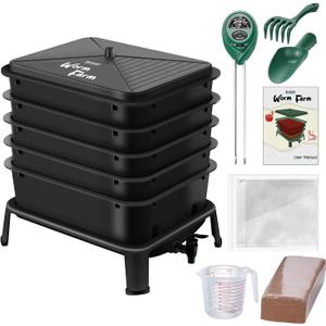Bltezeit 5-Tray Worm Composter, 53QT Worm Compost Bin Indoor & Outdoor, Worm Farm Kit for Vermicomposting Starter, Recycling Food Waste (Black)