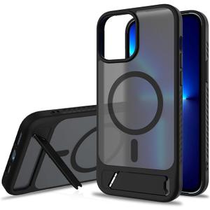 Magnetic Frosted Translucent Phone Case for iPhone 13 Pro Max/12 Pro Max, Compatible with MagSafe, Shockproof Military-Grade Protection with Built-in Invisible Kickstand (Black)