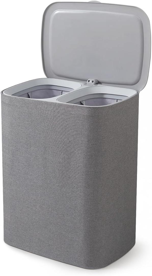 2-Section Laundry Hamper with Lid & Removable Bags, Foldable Clothes Sorter Organizer for Bedroom/Bathroom, 600D Oxford Fabric Storage Bin Portable Clothes Organizer for Home, Dorm, Apartment (50L)