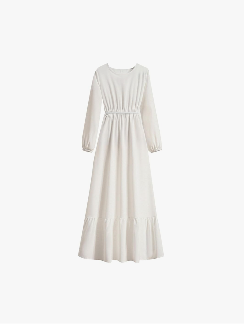 Generic Women's 2024 Spring Dresses Casual Long Sleeve Maxi Dress Crewneck Pleated Tiered Dress Smocked Solid A-Line Dress, Size -XL
