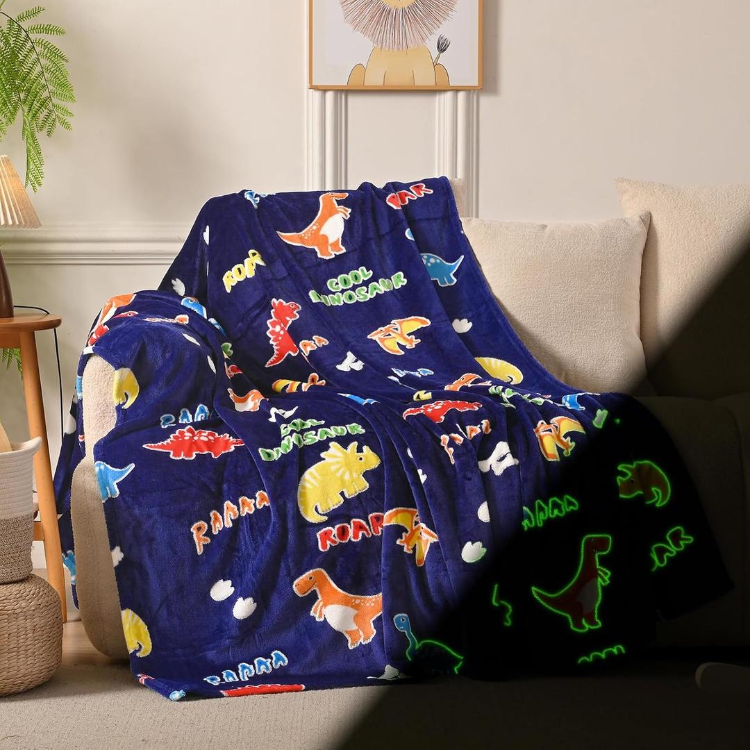 Dinosaur Glow in The Dark Blanket Dinosaur Toys Gifts for Boys Girls 1 2 3 4 5 6 7 8 9 10 11 12 Year Old Kids Blanket with Dino Soft Fleece Bed Couch Throw Home Decor (Navy Blue 50"x60")