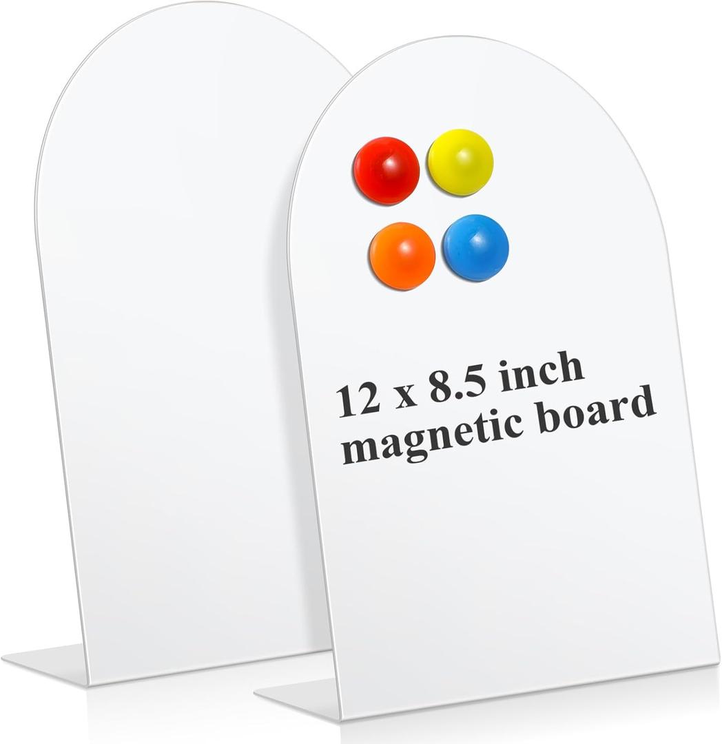 Shimeyao 2 Pcs Magnetic Bulletin Board for Tabletops with 8 Magnets Memo Display Easel Stand for Home Office School Kitchen Table Supplies (Arched,White,12 x 8.5 Inch)