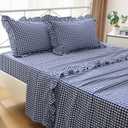 Navy Blue White Plaid Ruffle Sheets Queen Size 4-Piece Set, 300TC 100% Yarn Dyed Cotton Sheets 18 in Deep Pocket Classic Gingham Decorative Bedding (Navy Blue/White Plaid, Queen)