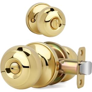 Flat Ball Door Knob with Lock, Keyless Privacy Round Design Doorknob for Bathrooms/Bedrooms, Polished Brass Finish (Pack of 1)