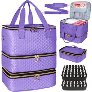 Nail Polish Organizer Bag Hold 84 Bottles(15ml/0.5 fl.oz), 3 Layers Nail Kit Supplies Organizer Bag Travel, Nail Organizers and Storage Case with Holder & Shoulder Strap, Purple