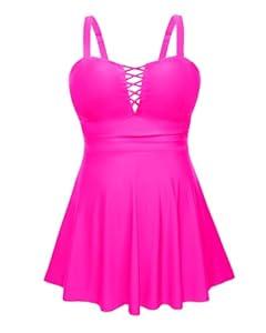 Aqua Eve Plus Size Two Piece Swim Dress Tankini with Shorts Tummy Control Swimsuit for Women Bathing Suits Hot Pink, 26W  