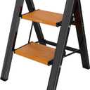 WOA WOA Step Ladder, Widening Pedals for Extra Balance, Lightweight Step Stool, Easy to Move Around, Foldable Ladder, Space Saving, Anti-Slip Stepladder 300 lbs Capacity (2 Step, Black & Wood Grain)