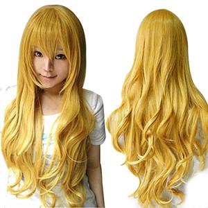 ANOGOL Hair Cap +32 in/80 cm Yellow Long Wavy Cosplay Wig For Girls Yellow Wavy Cosplay Synthetic Wig Costume For Halloween Party