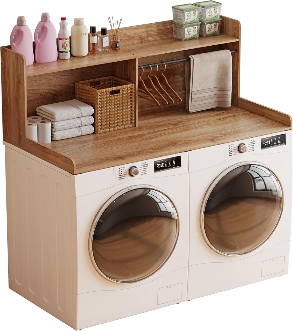 Unionly 2-Tier Wooden Washer and Dryer Countertop with Clothes Rail, Full