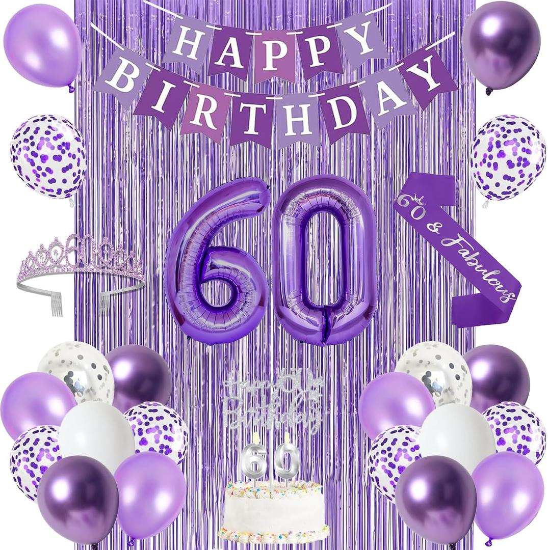 Trgowaul 60th Birthday Decorations for Women, Banner, Sash and Crown, Cake Topper, 60 Number Balloon, Fringe Curtains, Purple 60th Birthday Party Supplies