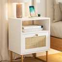 Rattan Nightstand with Charging Station, Mid Century Modern Night Stand,Boho Farmhouse Wood Bedside Table with Storage and Open Shelf, End Side Accent Table for Bedroom,Living Room,White