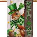St Patricks Day Flag 28x40 Inch Double Sided Outside, The Squirrel Lucky Shamrock Burlap Flags Decorations, Green Hat with Clovers Gold Coin Pot Outdoor Decor