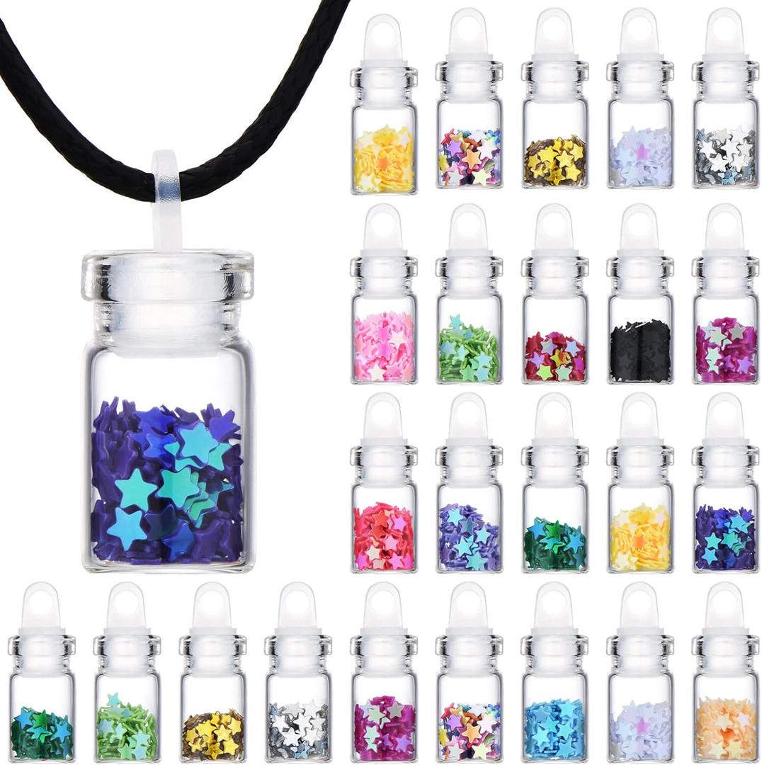 BBTO 48 Pieces Pixie Necklaces Confetti Dust Bottles Mini Glass Bottle Necklace Wish Glass Jar with Glitter for Fairy Birthday Festive Party Daily Supplies