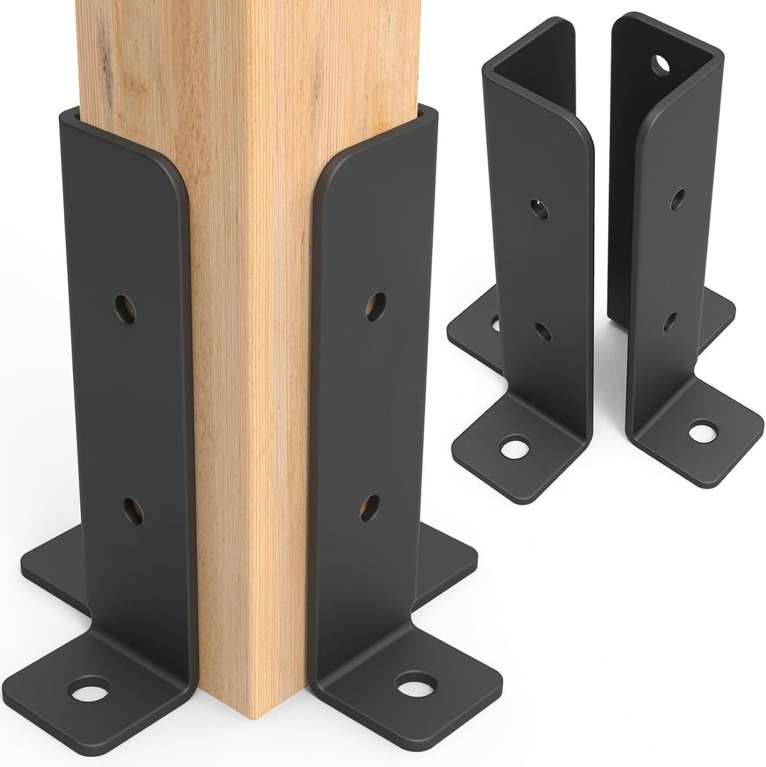 4 Pcs Adjustable Deck Post Anchor Brackets Kit - Fit 1.5x1.5, 2x2, 2x4, 4x4 Posts - Heavy Duty Half Column Black Support Base for Wood Fence Pergola Railing