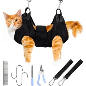 PatiencET Cat Grooming Hammock Pet Hammock Cat Nail Clipper Hammock for Nail Trimming Dog Sling for Nail Clipping Dog Hanging Harness (Black , Size XS)