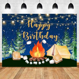 Sensfun Camping Birthday Backdrop Campfire Happy Camper Birthday Decorations Forest S'Mores Camping Adventure Birthday Party Photography Background Vinyl Cake Table Banner Supplies 7x5ft Multi